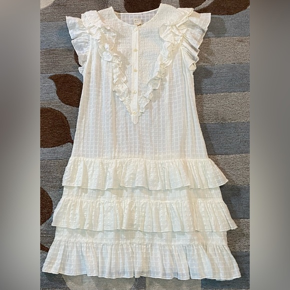 La Vie Rebecca Taylor Off White White Drapey Textured Check Dress w Ruffle Skirt - Picture 3 of 9